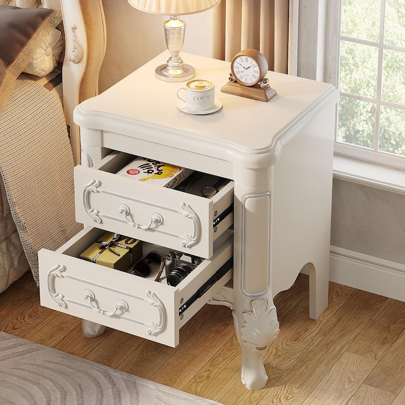 White Nightstand with 2 Drawers, Classic Carved Bedside Tables, Side Table
