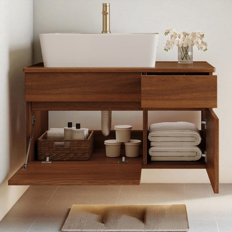 31.5" Floating Bathroom Vanity with Vessel Ceramic Sink Soft Close Drawer and Cabinet Storage
