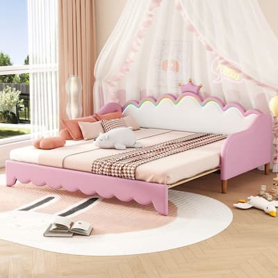 Twin Size Extending Princess Daybed with LED Lights, Crown Headboard