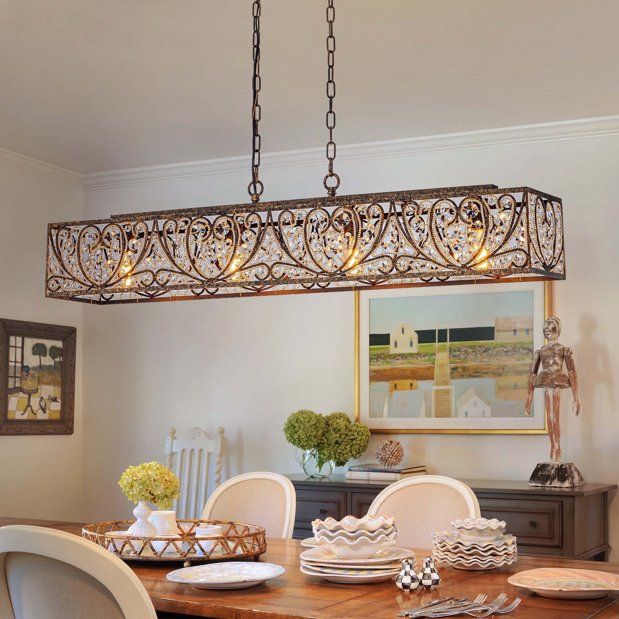 Vintage Glam 4-Light Linear Crystal Pendant Light for Kitchen Island Dining Room