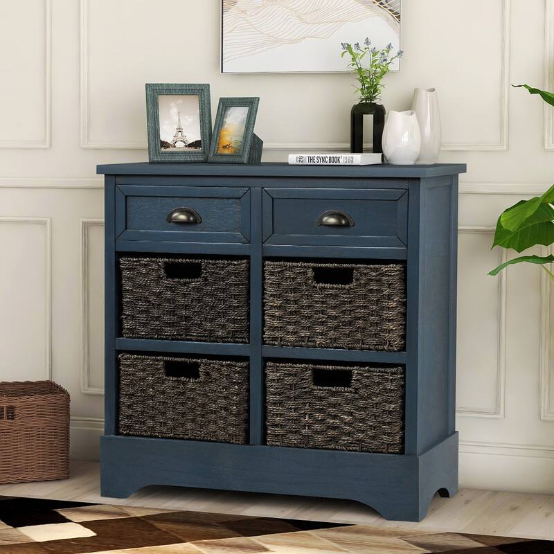 Rustic Storage Cabinet with 2 Drawers and 4 Classic Rattan Basket - 28"L×11.8"W×28"H