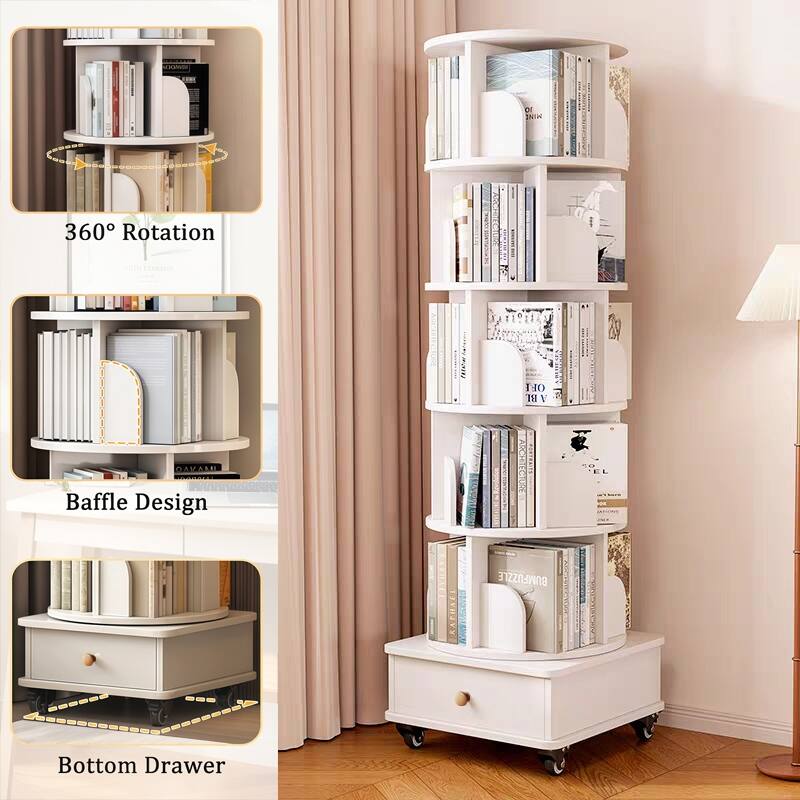 Rotating Bookshelf with Drawer,360 Display 6 Tier Bookshelf,Floor Standing Bookcase Storage Rack,Narrow Book Shelf Organizer