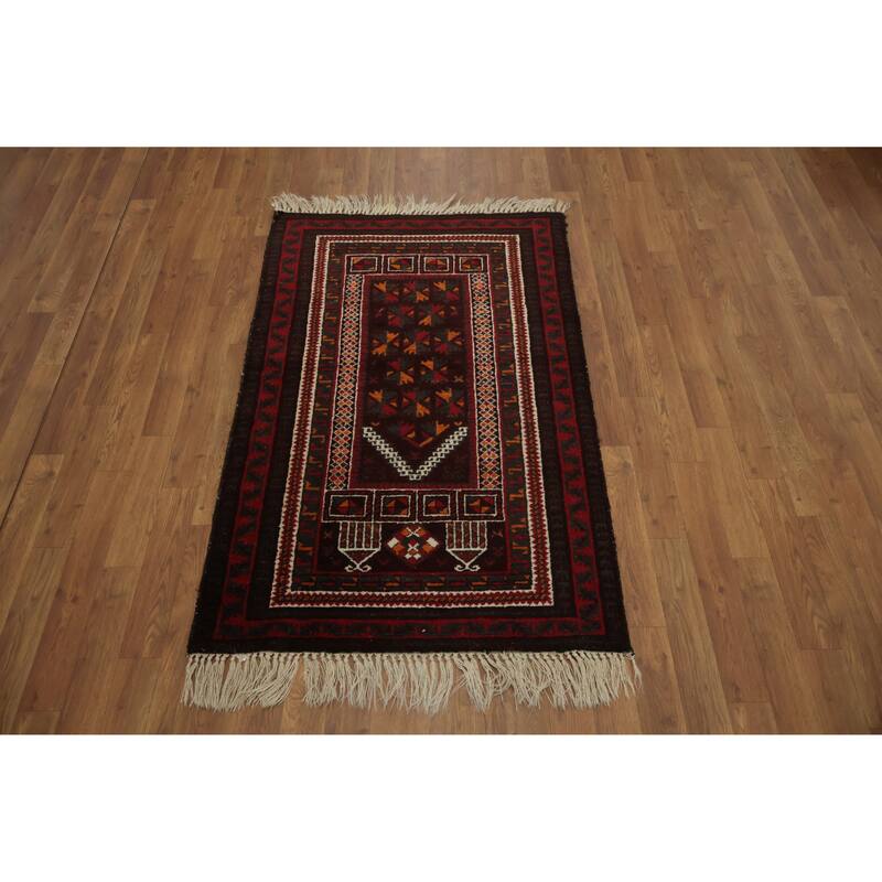 Hand Knotted Oriental 100% Wool Carpet Traditional Tribal Red Balouch Area Rug - 4' 7'' X 2' 11''