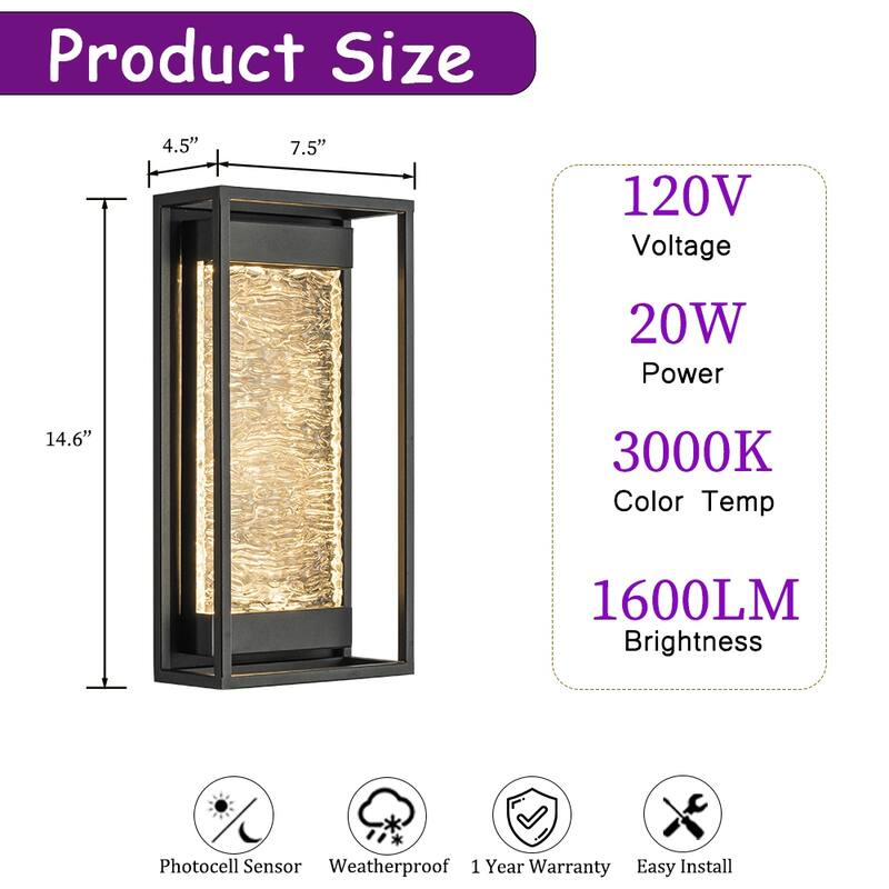 H15" Modern Outdoor Integrated LED Wall Light with Dusk to Dawn Sensor Matte Black Light Fixture with Handcrafted Textured Glass