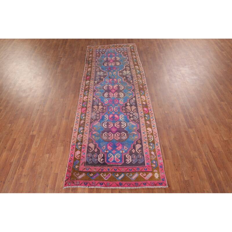 Geometric Meshkin Persian Vintage Runner Rug Hand-Knotted Wool Carpet - 3'9" x 10'6"