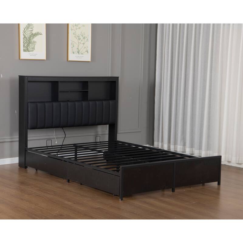 King/Queen Storage Bed with LED Headboard, Charging Station & 4 Drawers