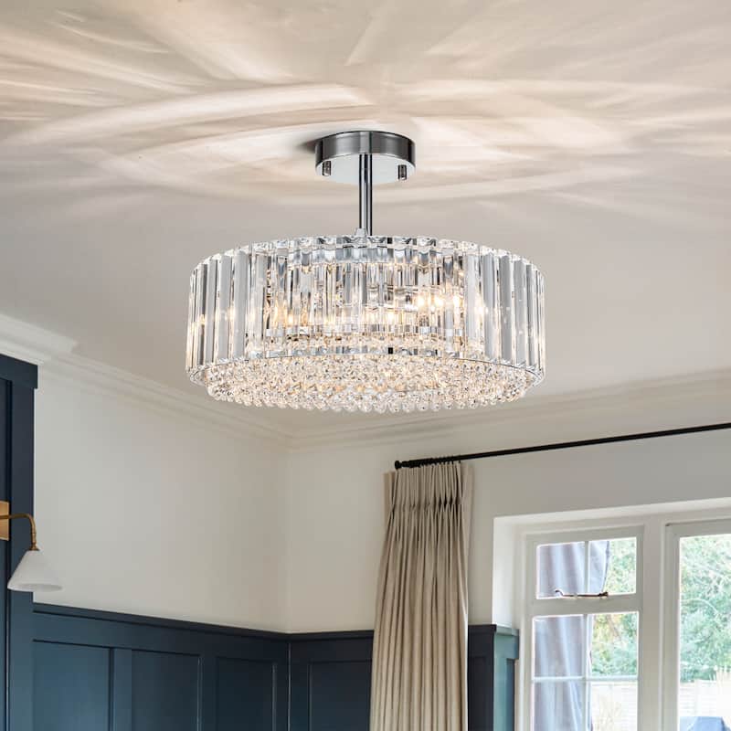 Modern Glam 4-Light Crystal Semi Flush Mount with Round Drum Shape - Chrome