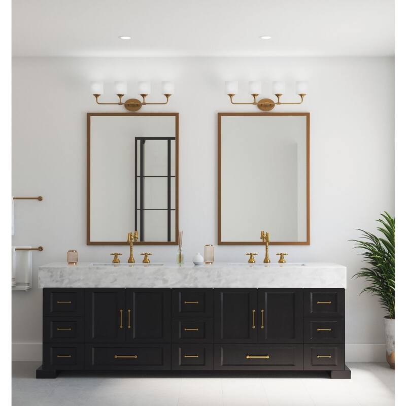 Lynzie Collection Four-Light Brushed Gold Etched Opal Glass Modern Bath Vanity Light - 33.25 in x 5.625 in x 11.125 in