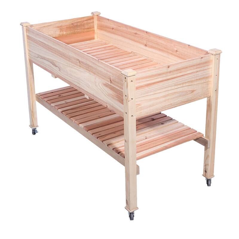 48 in x 32 in x 23 in Wooden Elevated Planter with Shelf and Wheel - 48x32x23