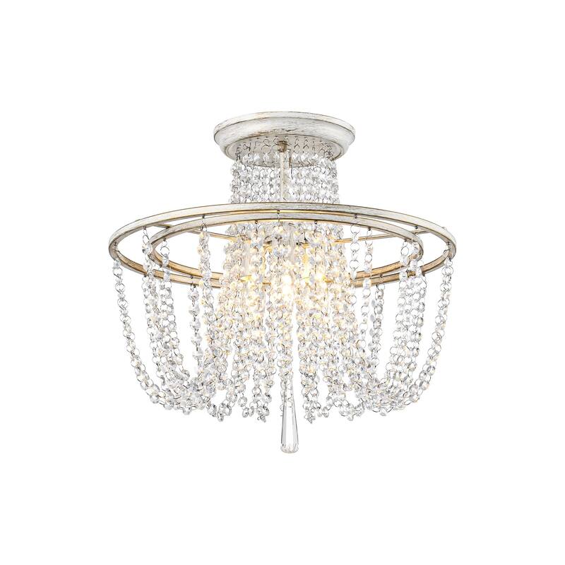 3-Light 17.32" Vintage Antique White Circle Round Crystal Semi-Flush Mount Light - 17.32 in. W x 16.14 in. H
