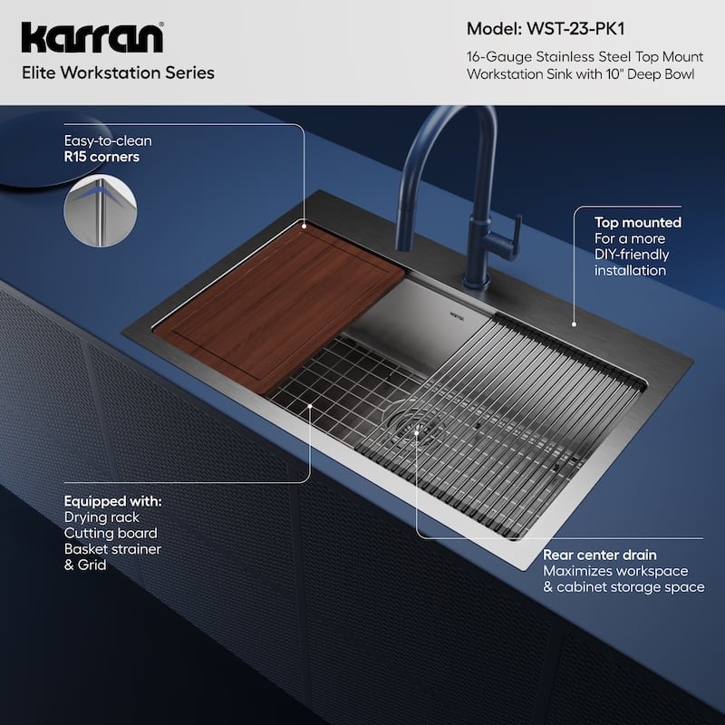 Karran Elite WST-23-PK1 Top Mount 33" Single Bowl Stainless Steel Workstation Kitchen Sink