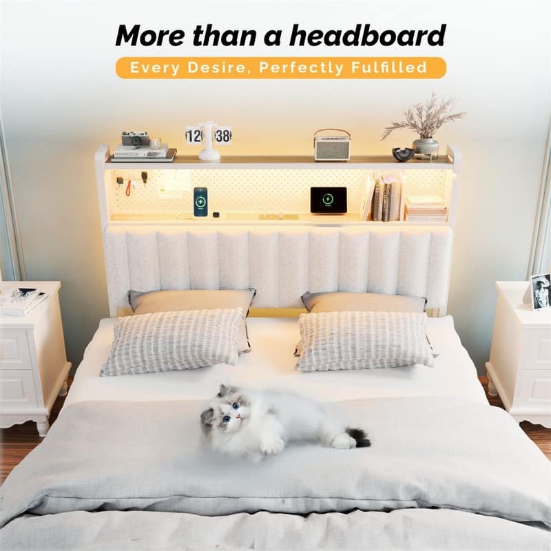 Adjustable Upholstered Headboard with 2 Tier Shelves with Charging Stations and LED Lights, Modern Bed Headboard with Storage