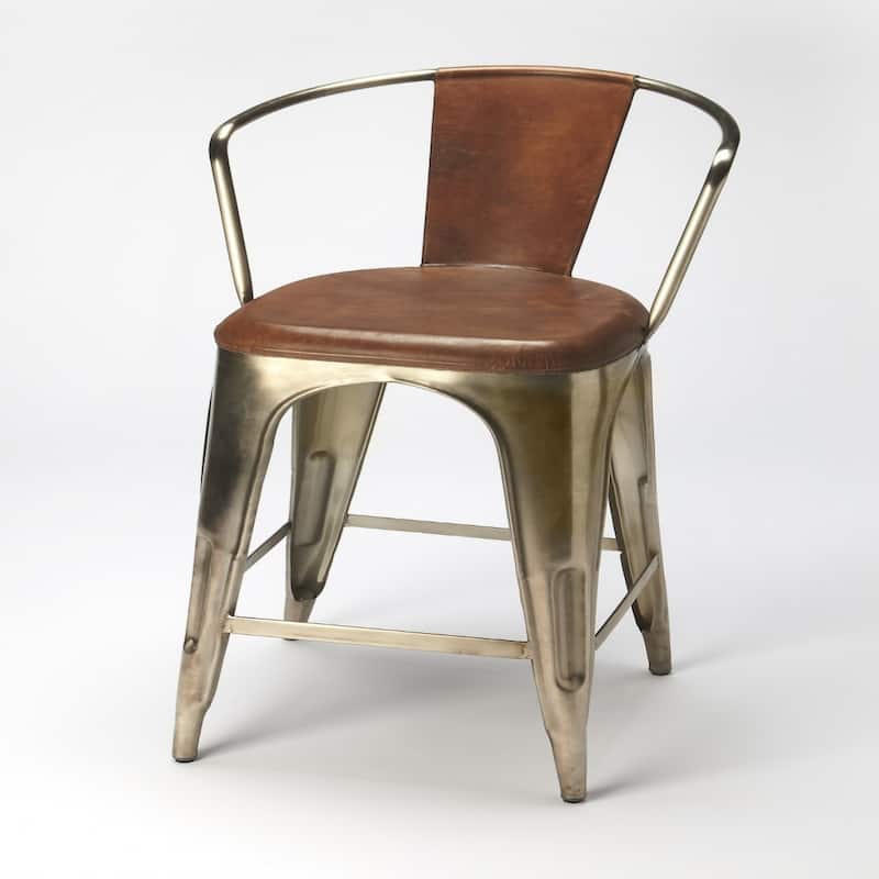 Brown Iron Tall Bar Chair with Gold Frame, Full Back and Footrest - 18” x 21” x 43” (D x W x H)