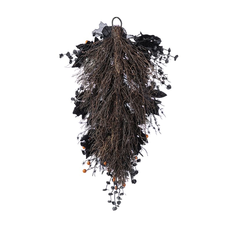 Glitzhome Halloween Black Rose Skeleton & Berry Wreath or Swag with Metal Wreath Hanger