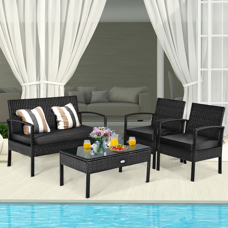 Gymax Set Of 4 Outdoor Patio Rattan Furniture Set Cushioned Sofa - Black