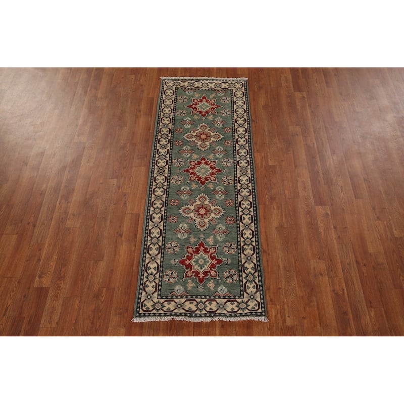Green Geometric Kazak Oriental Runner Rug Handmade Wool Carpet - 2'2" x 5'11"