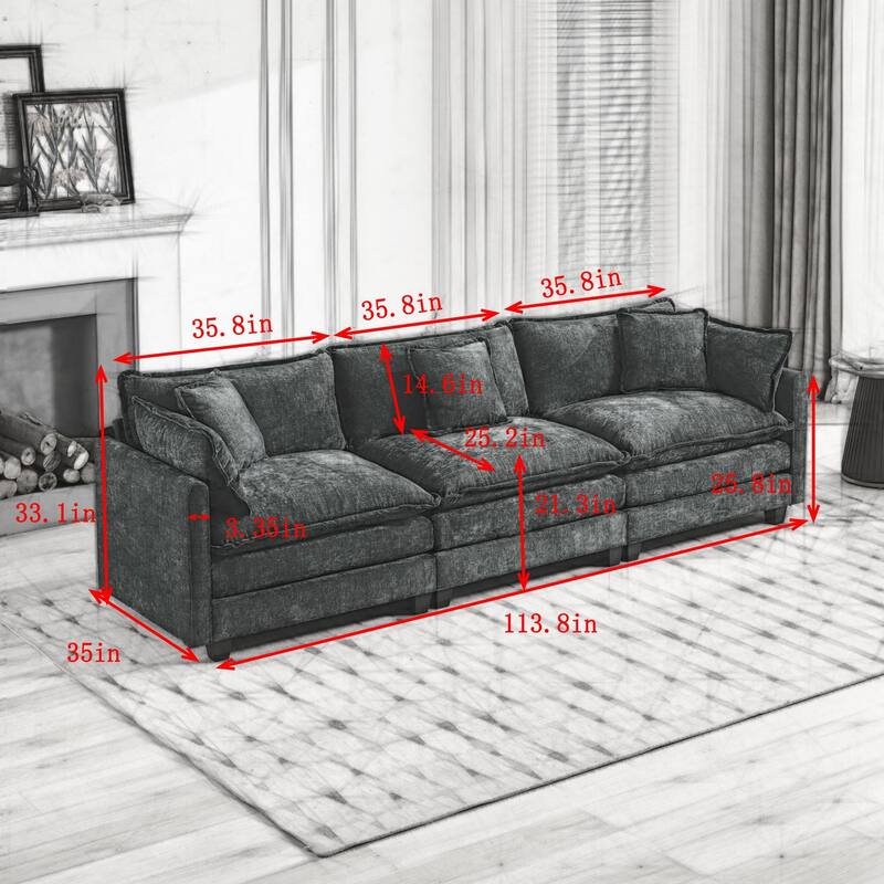 Cloud Sofa 3 Seats,Modern Sectional Couch,Comfy Double Layer Upholstered Seat Cushion