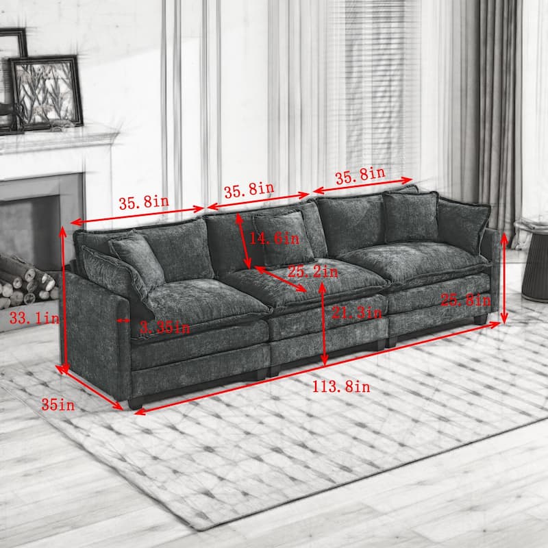 Roomfitters Large Upholstered 3-Seater Sofa with Plush Cushions and Pillows, Modern Cloud Couch for Living Room