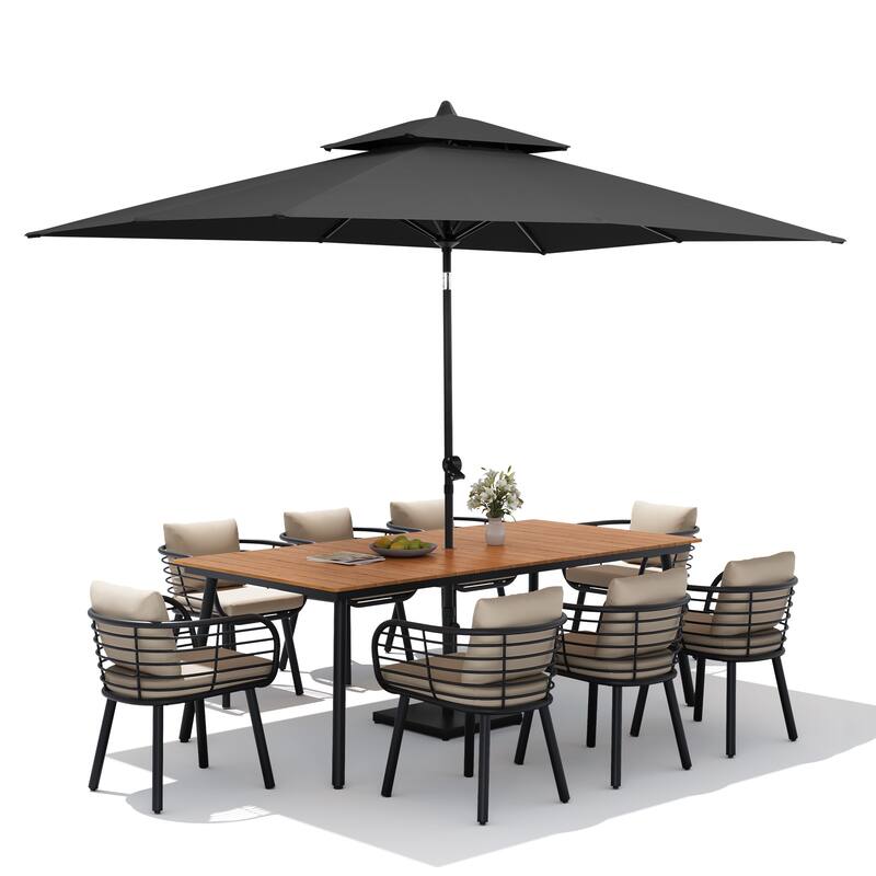 11PC Outdoor Patio Dining Set Aluminum Table with Sunbrella Cushion Chairs w/ Market Umbrella Sets