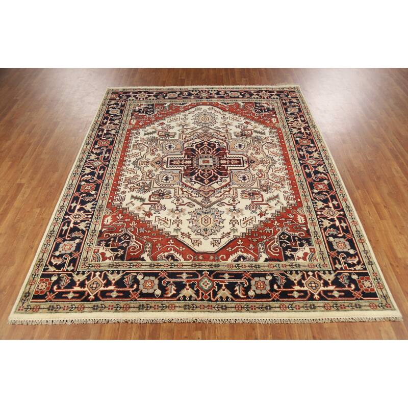 Geometric Ivory Heriz Serapi Indian Area Rug Handmade Wool Carpet - 8'0" x 9'9"