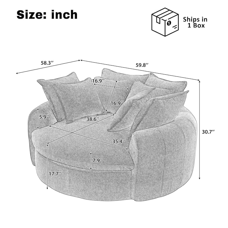 Roomfitters Oversized Round Chaise Sofa 59.8" Upholstered Loveseat with 8 Pillows, Accent Chair for Living Room