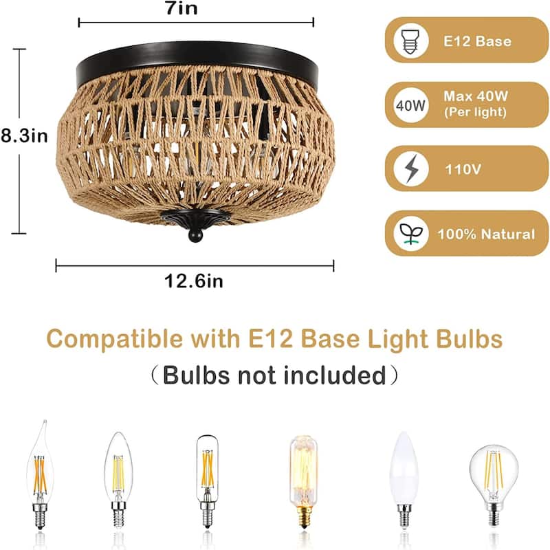 3-Lights Rattan Flush Pendant Light