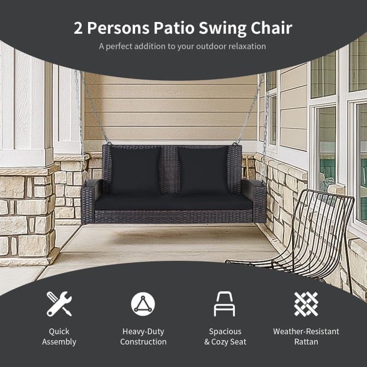 2-Person Wicker Hanging Porch Swing with 2 Back Cushions and 1 Seat Cushion - 50" x 22" x 20.5" (L x W x H)