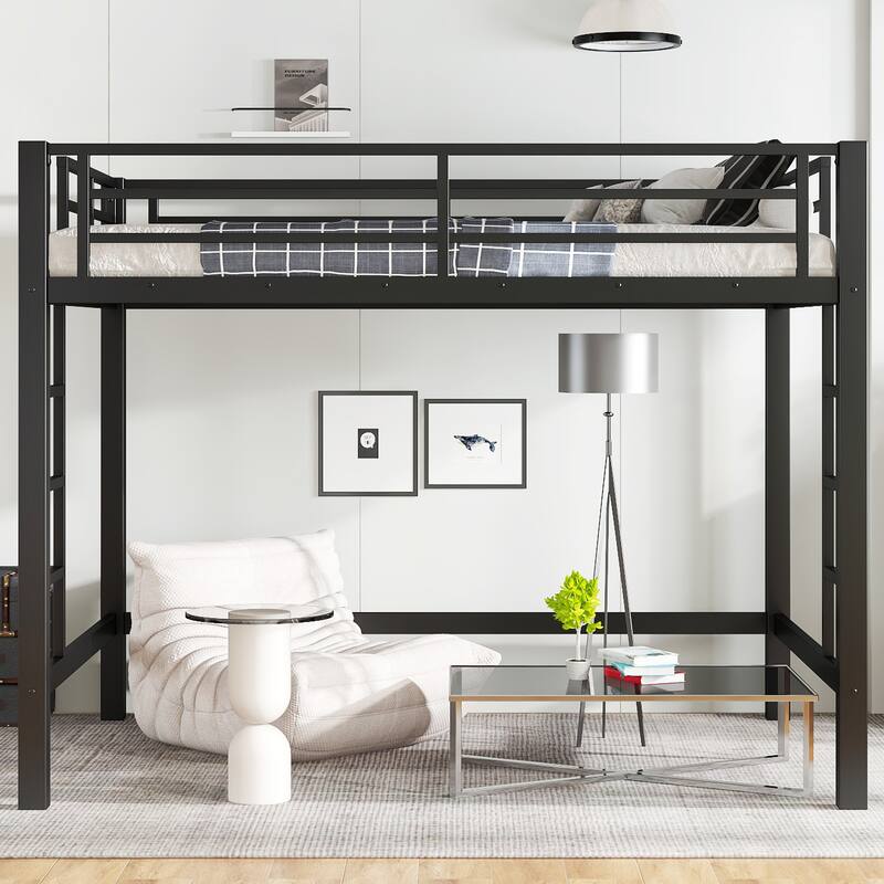 Full Size Metal Loft Bed, Loft Bed with Easy Climbing Ladder and Guardrails , Black