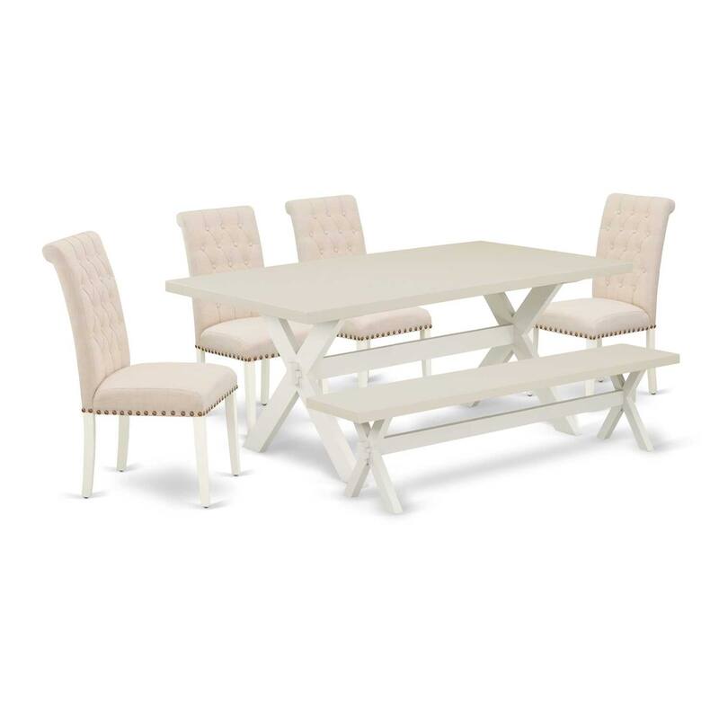 Southwestern Dining Set - 6 Piece Table & Chair Set - Linen Fabric Parsons Chairs & Bench
