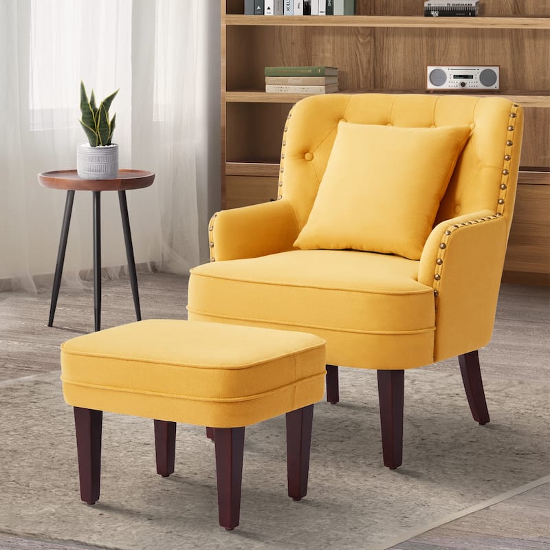 Club Chair Upholstered Button Tufted Accent Chair with Ottoman and Pillow