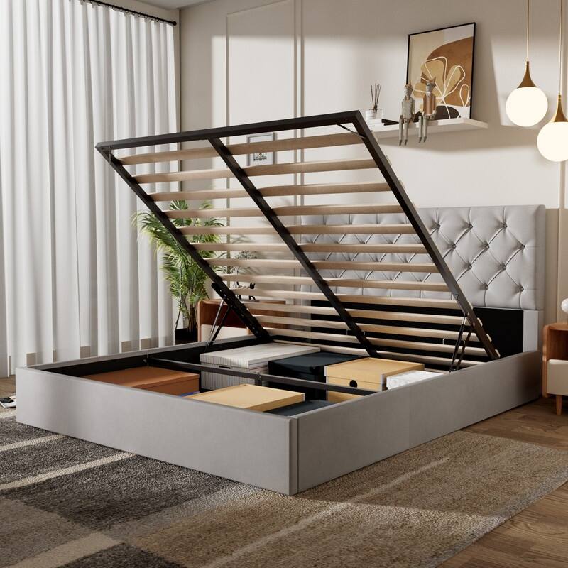 Plywood Frame Upholstered Platform Bed with Lift-up Storage Supported by Metal and Wooden Slats