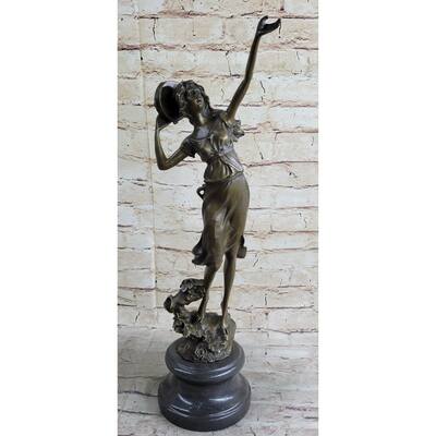 Art Deco Sculpture Gypsy Girl Tambourine Dancer Marble Base Bronze Statue 20 Inches X 9 Inches