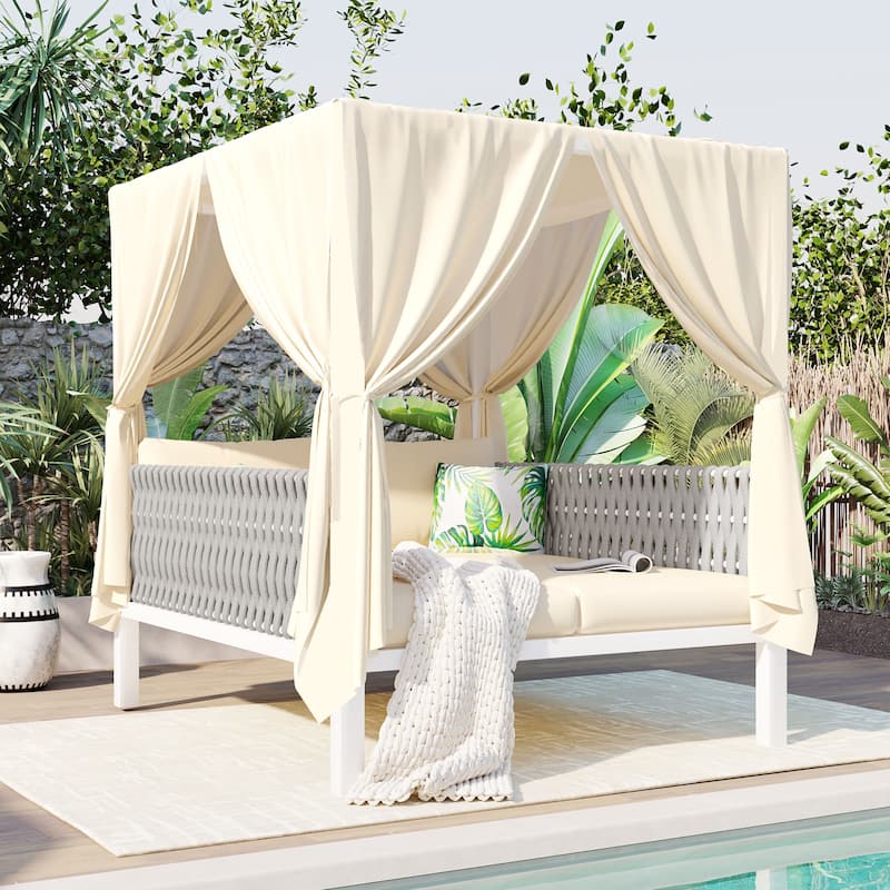 Outdoor Double Daybed Iron Patio Sunbed with Curtains and Removable Cushions
