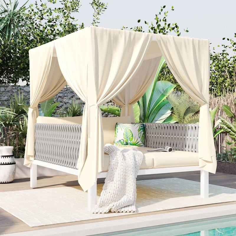 U - Style Outdoor Patio Sunbed with Curtains, High Comfort for Multiple Scenarios - Beige