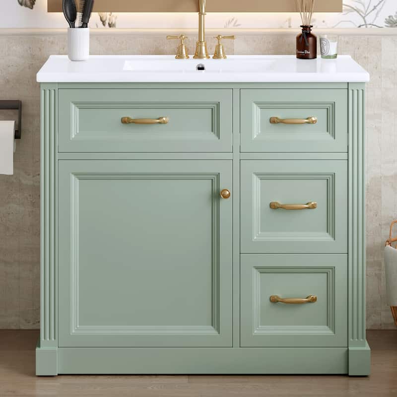 36 Inch Bathroom Vanity with Sink, Floor Mount Bathroom Storage Cabinet with Ceramic Basin - Green - 36 Inch