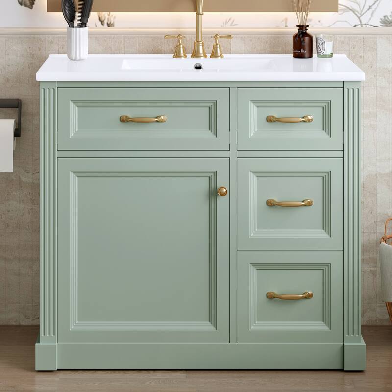 Roomfitters 36" Bathroom Vanity with Sink, Solid Wood Frame, 4 Drawers & Soft-Close Door with Storage Rack - Green