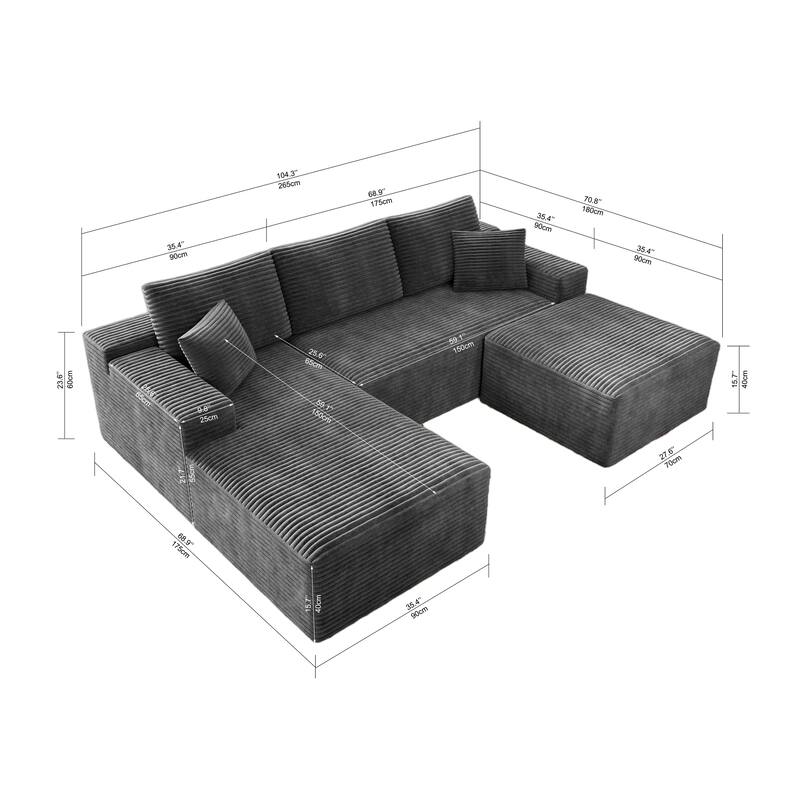 Roomfitters 104.3" Modular Sectional Sofa, 3-Piece Compressed Cloud Couch, No Assembly Required, Plush Corduroy, Grey