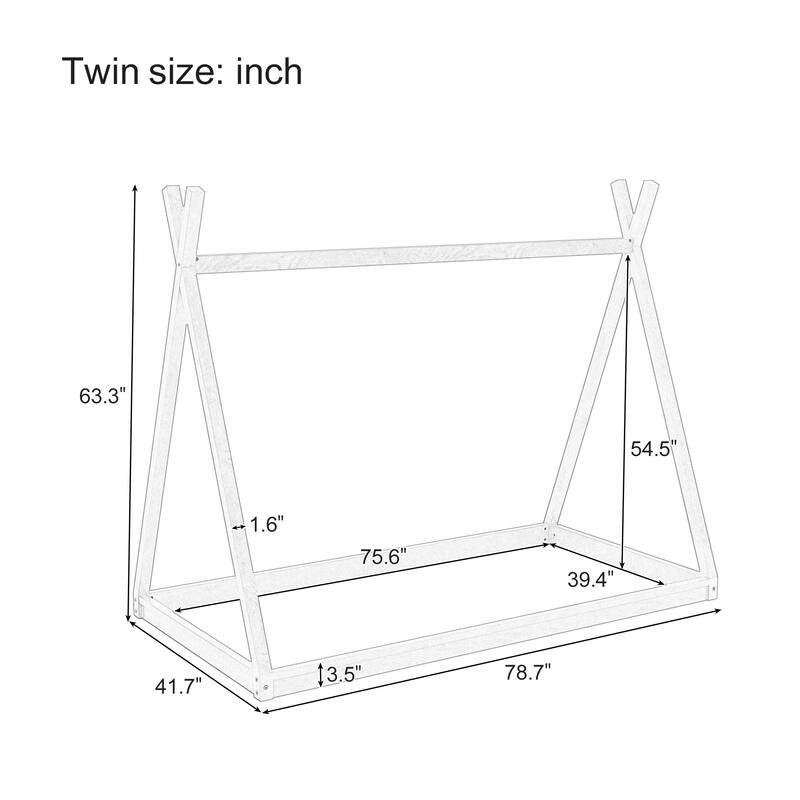 White Wooden Twin Size Tent Bed for Kids, Low-Floor House Shape Frame, Montessori Style Bed Without Slats