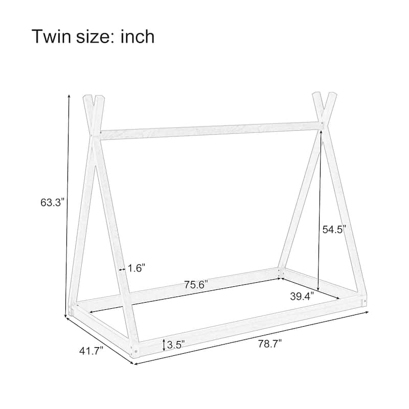 Wooden Twin House Bed Frame for Kids, Montessori-Inspired Low Platform Tent Bed with Sturdy Triangle Design