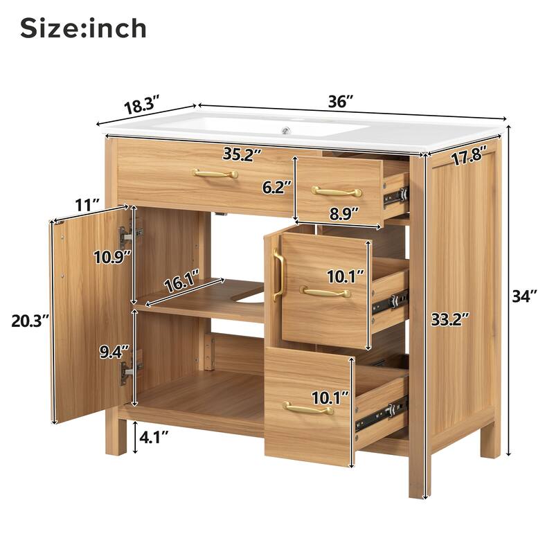 36" Wood Bathroom Vanity with Ceramic Sink, 3 Soft Close Drawers, 2 Doors & Adjustable Shelf, Solid Wood Frame