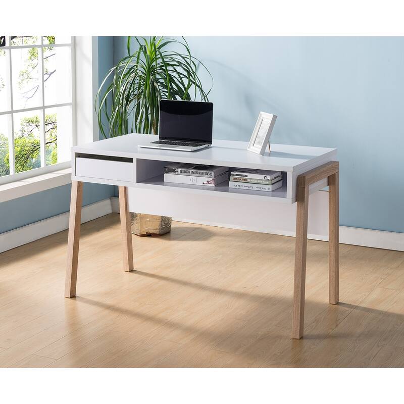 Office Desk, Computer Desk with Hidden Storage Shelve, Drawer and USB/Power Outlet in White and Weathered White