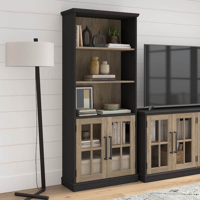 Westbrook 5 Shelf Bookcase with Glass Doors by Bush Furniture - Vintage Black/Restored Tan Hickory