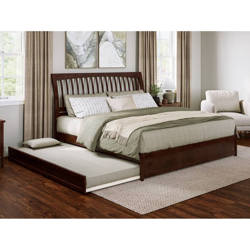 Roslyn Platform Bed with Modern Panel Footboard and Twin XL Trundle - Walnut - King