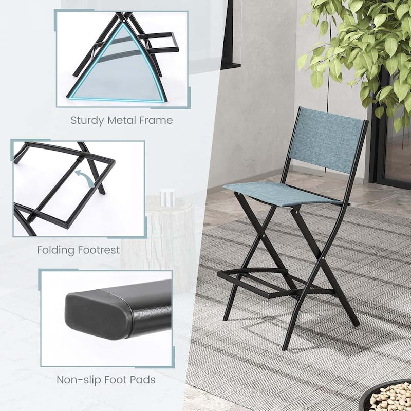 Set of 2 Outdoor Bar Chair Folding Bar Height Stool with Metal Frame