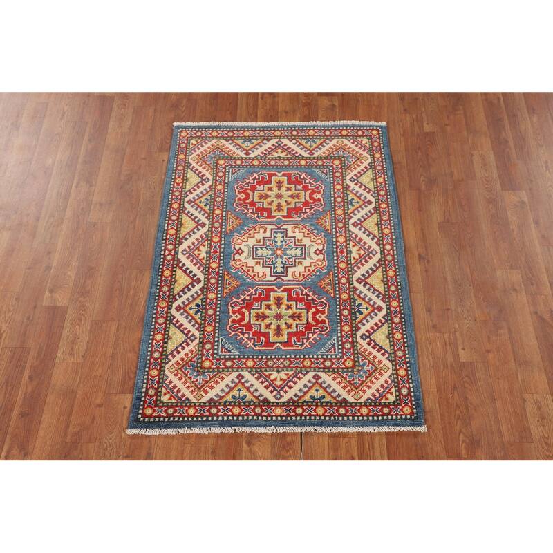 Blue Geometric Kazak Foyer Rug Hand-Knotted Traditional Wool Carpet - 2'10" x 4'1"