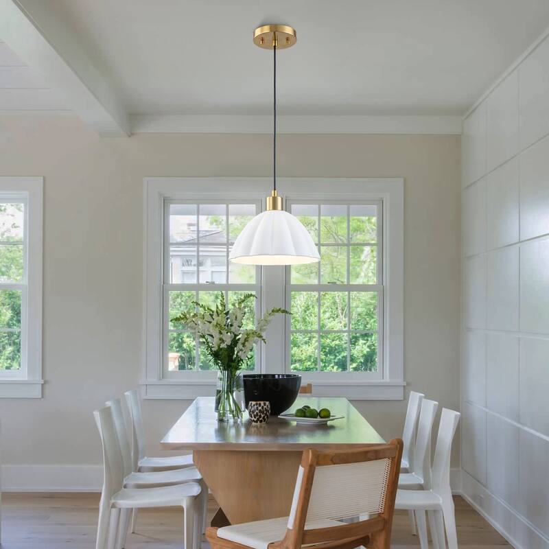 1-Light Pendant Light with Fluted White Ceramic Dome & Brass Accents - Dia.9.65-in