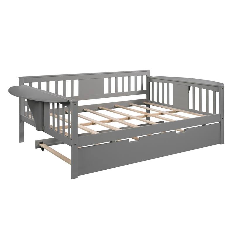 Twin/Full Size Daybed with Trundle Bed, Wooden Sofa Bed for Kids' Rooms and Guest Rooms, Sturdy Pine Wood Frame