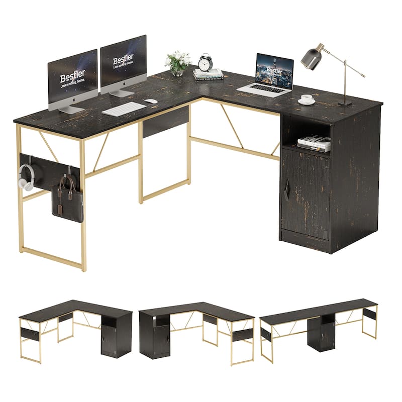 60'' L Shaped Desk with Storage Cabinet Office Computer Desk