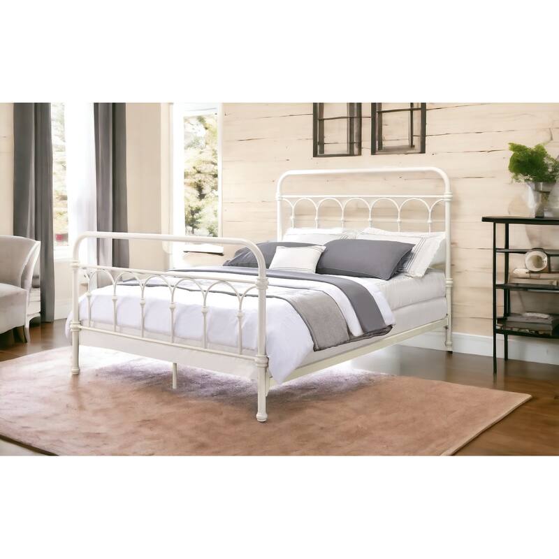 Classic White Full Bed with Spindle Headboard and Footboard, Metal Frame with Box Spring Support