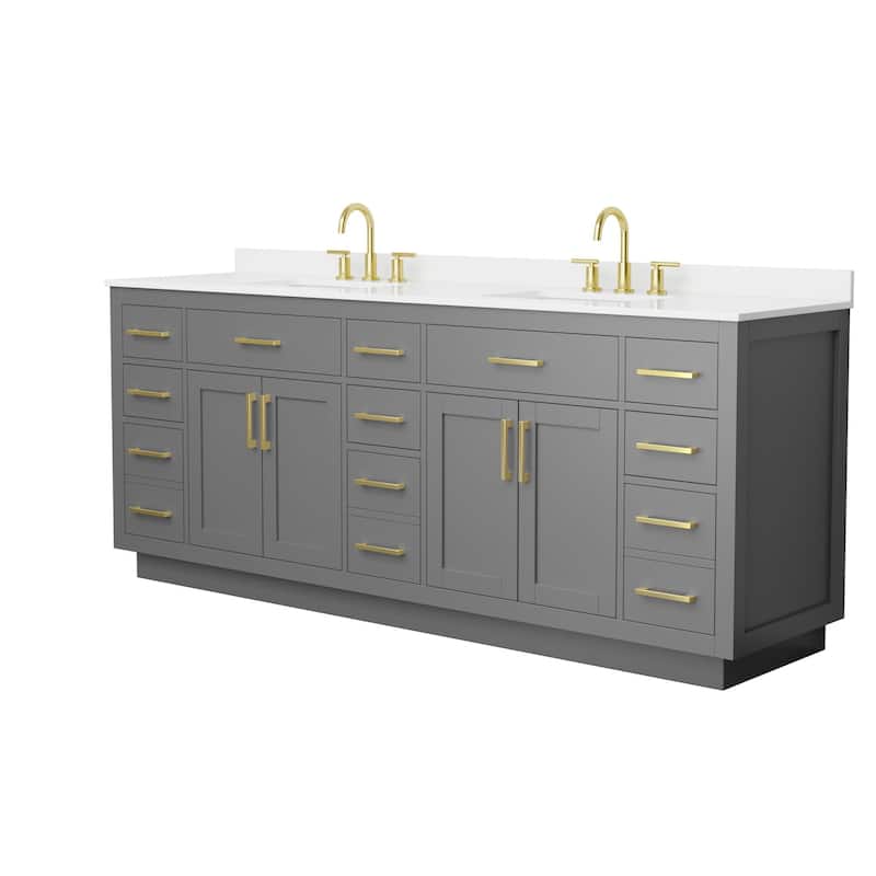 Beckett TK 84-inch Double Vanity, 3 Hole Quartz Top - Dark Gray, Gold Trim, White Quartz Top
